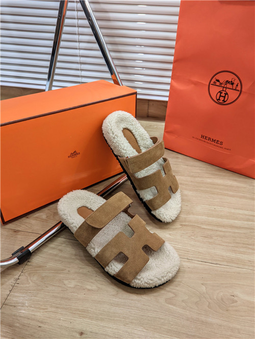 hermes lamb wool flat slippers