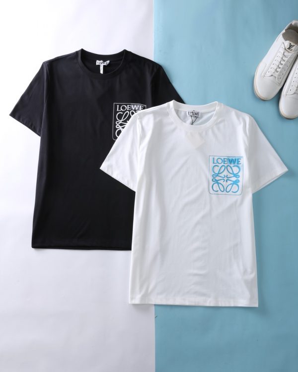 Loewe spring and summer new black and white basic cotton Tee, men's classic embroidery printing Anagram fake pocket round neck short-sleeved T-shirt