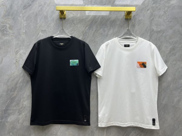 Fendi-New color matching woven label brand letter logo fashion casual round neck cotton knitted short-sleeved T-shirt