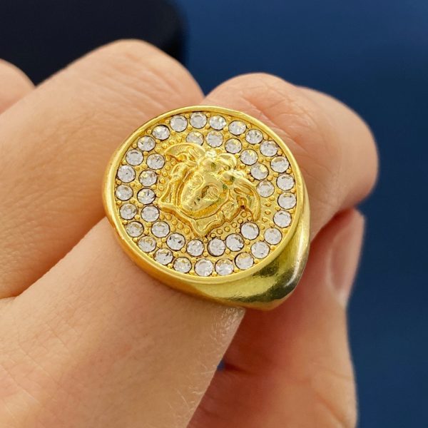 Versace White All-Diamond Medusa Human-Face Paper-Patterned Round Disc Matte Open Ring - Image 4