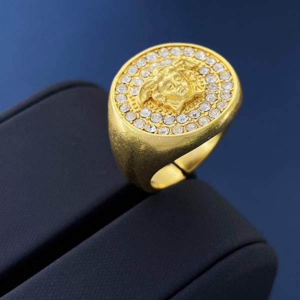 Versace White All-Diamond Medusa Human-Face Paper-Patterned Round Disc Matte Open Ring - Image 5